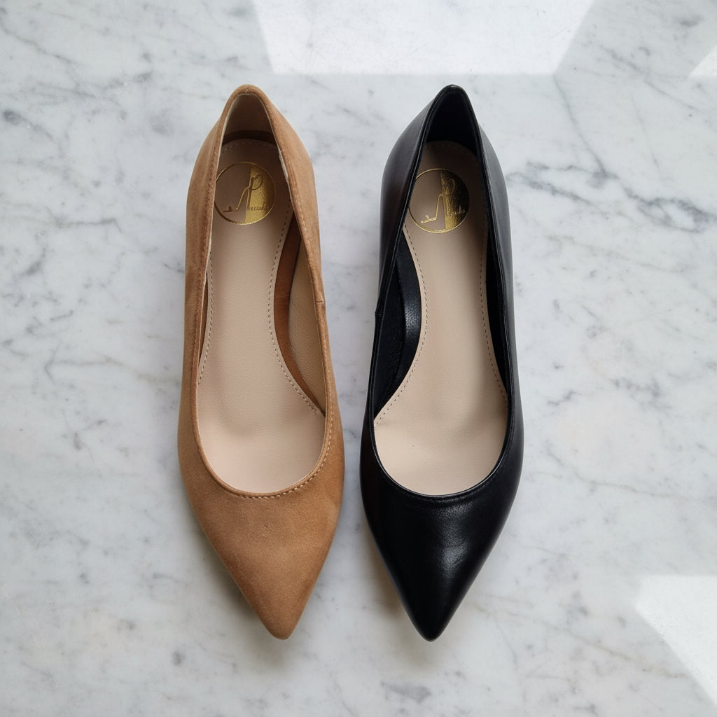 ZEA brown suede and black leather pointed toe ballerina pumps top view with cushioned insoles