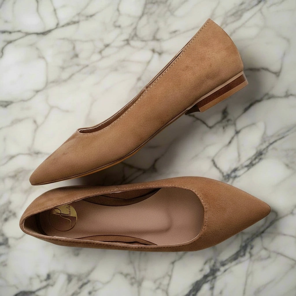 ZEA brown suede pointed toe ballerina pumps top and side view on marble background