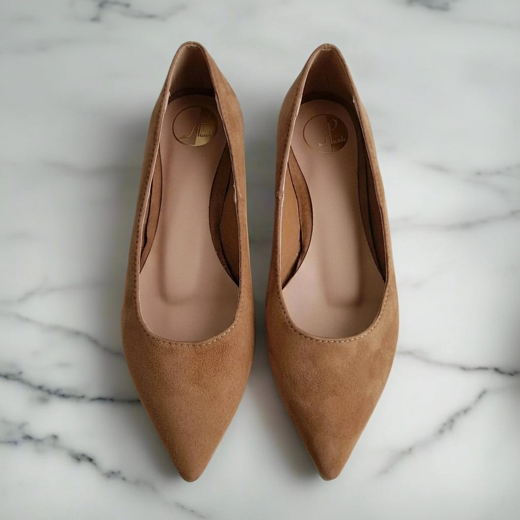 ZEA brown suede petite pointed toe ballerina pumps top and side view on marble background
