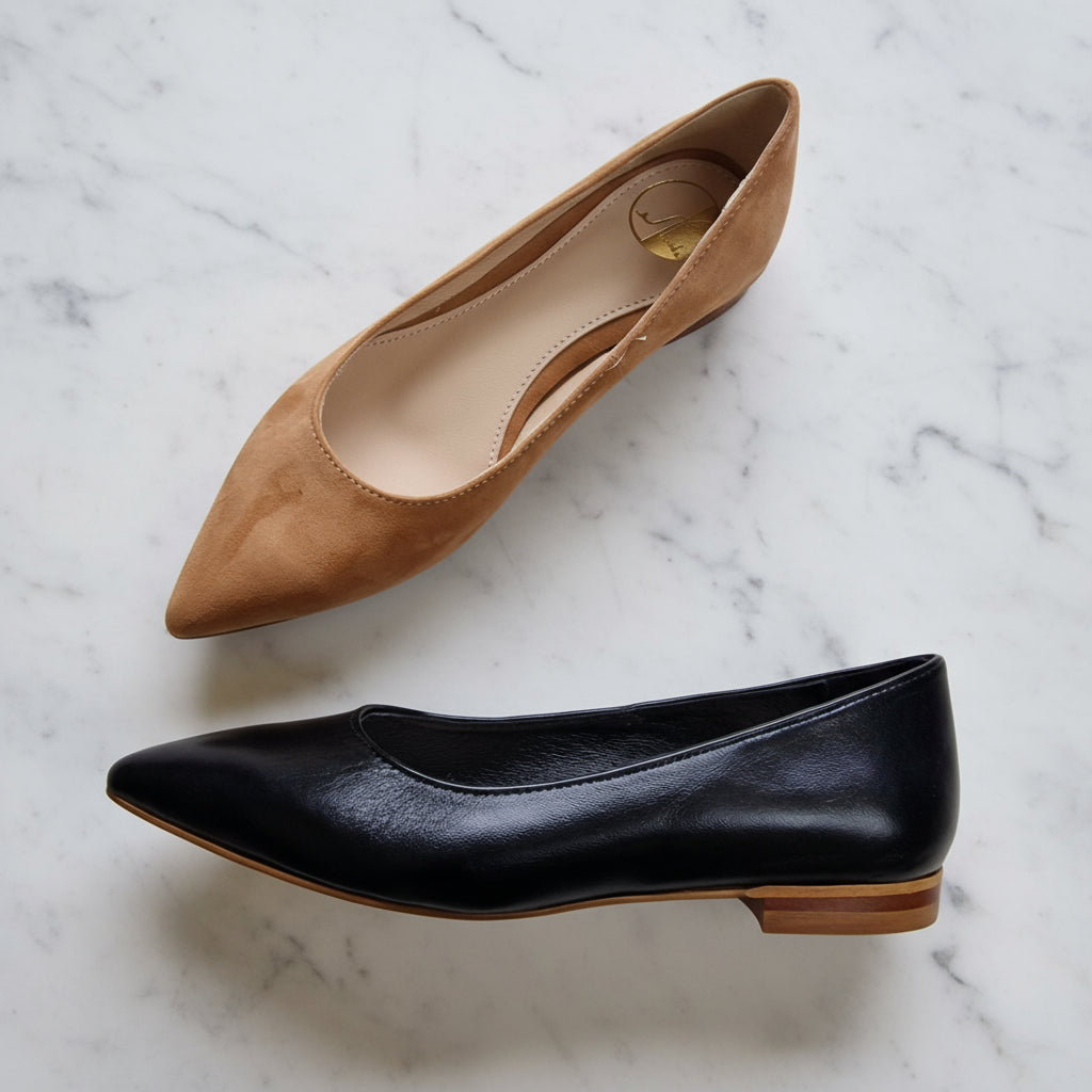 Pointed toe petite ballerina shoes in tan and black leather