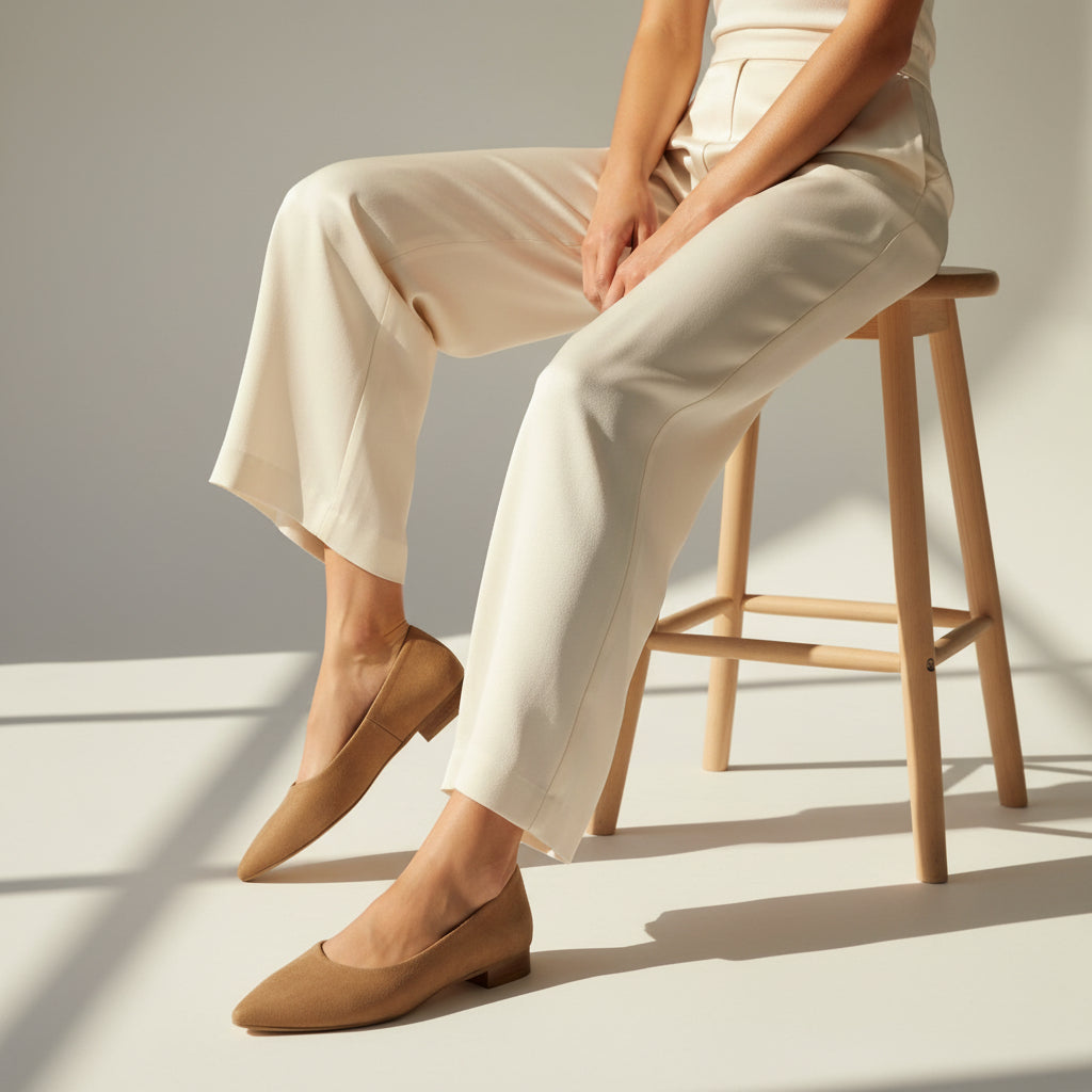 Person wearing beige pants and shoes sitting on a wooden stool against a neutral background