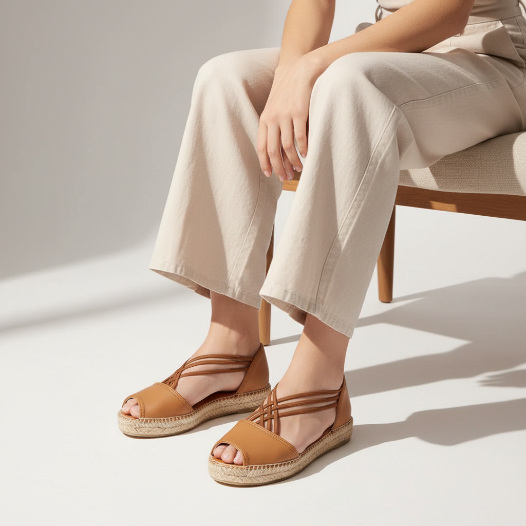 Model sat on a bench wearing taupe trousers and brown leather open toe flat espadrille. 