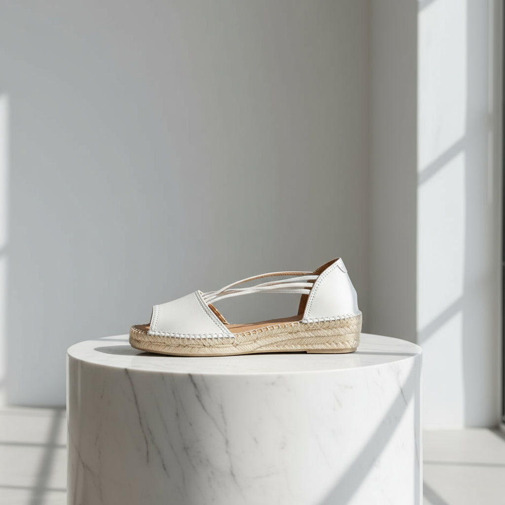 Side profile of tan leather espadrille sandal featuring woven jute sole and crisscross elastic straps for small feet.