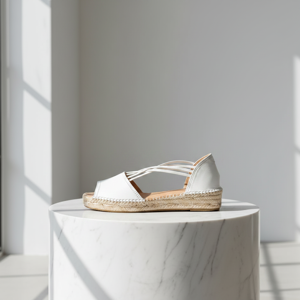 Open toe white strappy espadrille set on a marble stand. 