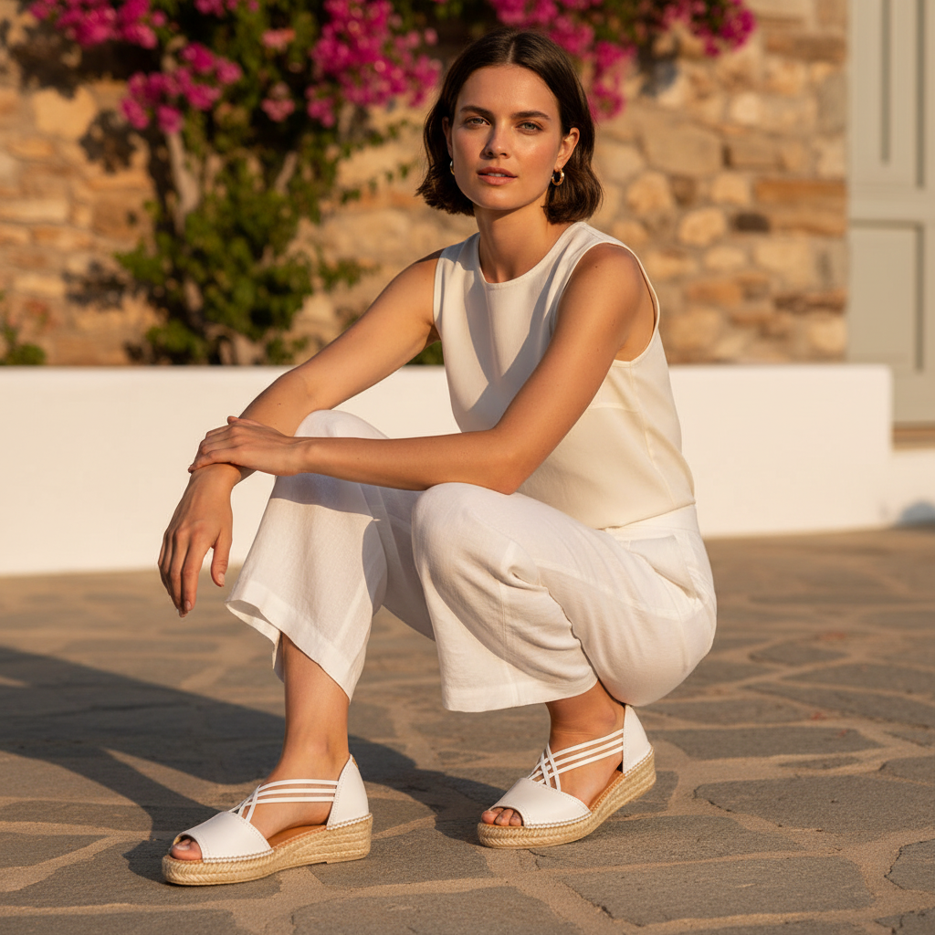 Model crouching wearing summer cream outfit and white leather espadrille on a staone path. 