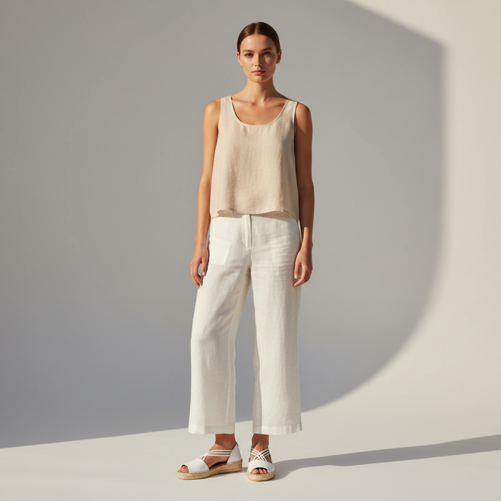 Model wearing white linen trousers and camisol against white studio wall. 
