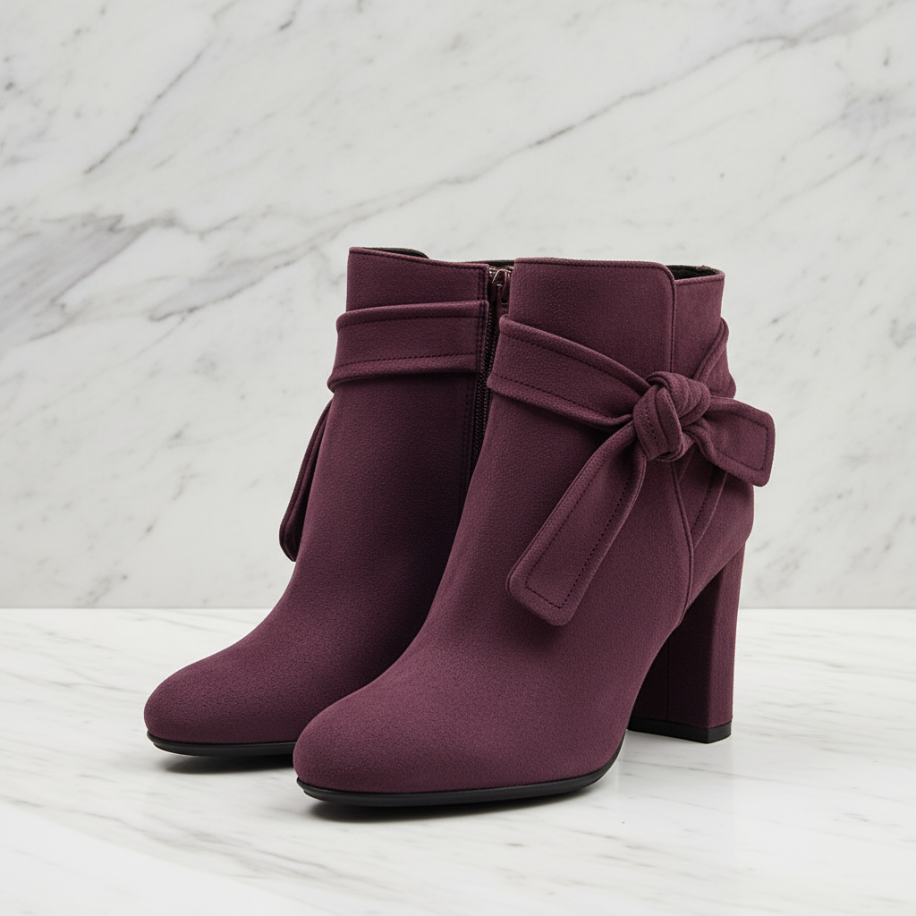 Petite ankle boots with a decorative bow in burgundy suede