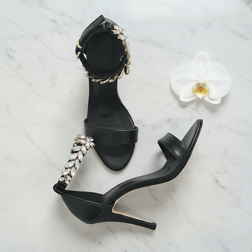 Black leather heels with diamanté ankle strap 