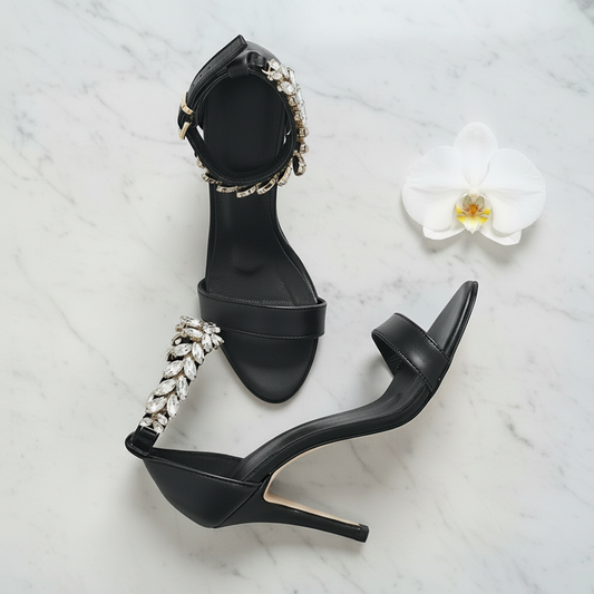 Black leather heels with diamanté ankle strap 