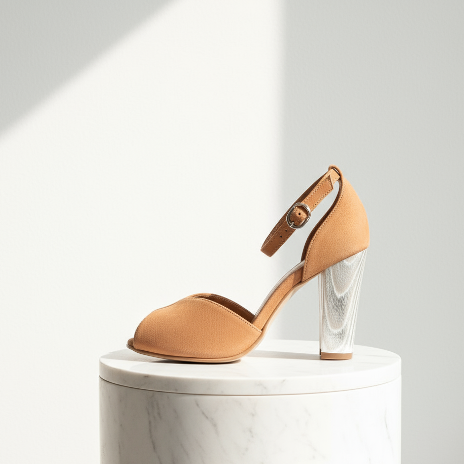 Tan high-heeled shoe with clear sole on a white marble pedestal against a light gray background
