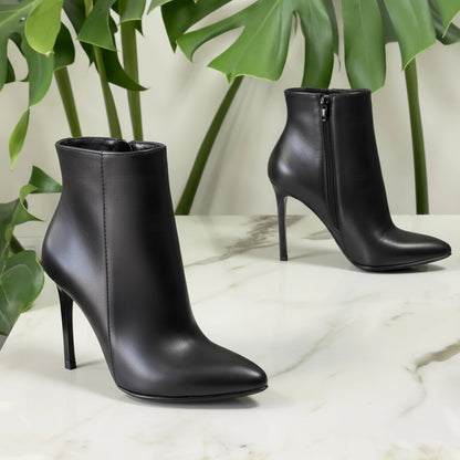 AGHATA black leather ankle boots with 9cm stiletto heel and side zip, petite sizes.