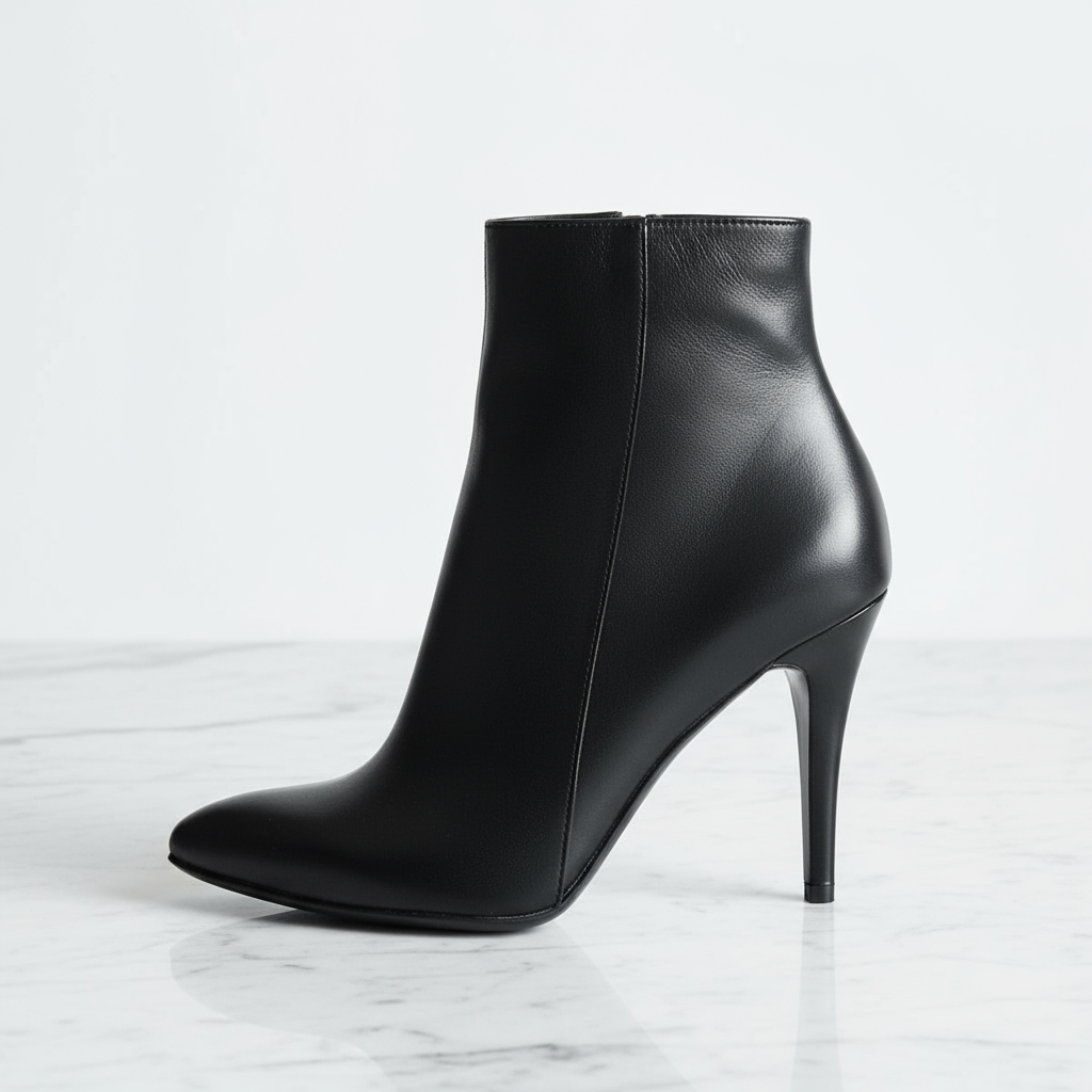 AGHATA petite black leather ankle boots with 9cm stiletto heel and side zip, designed for small sizes.