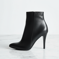 AGHATA petite black leather ankle boots with 9cm stiletto heel and side zip, designed for small sizes.