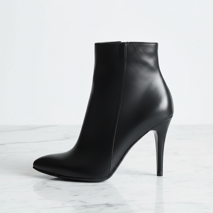 AGHATA petite black leather ankle boots with 9cm stiletto heel and side zip, designed for small sizes.