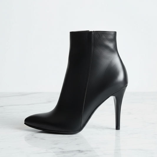 AGHATA petite black leather ankle boots with 9cm stiletto heel and side zip, designed for small sizes.
