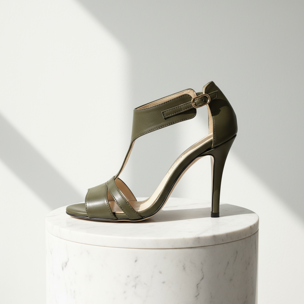 Green high-heeled sandal on a white pedestal with a light gray background