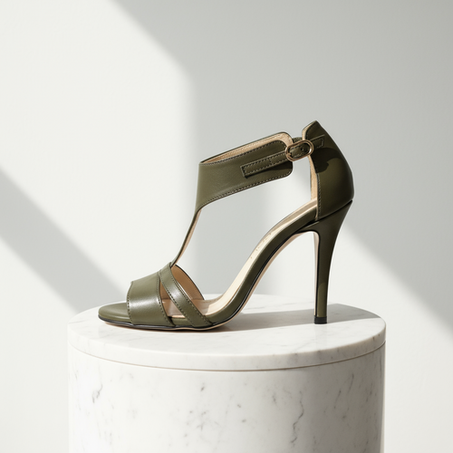 Green high-heeled sandal on a white pedestal with a light gray background