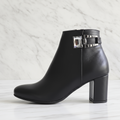 REMI black leather ankle boots with 5 cm block heel and side zip, designed for petite feet.
