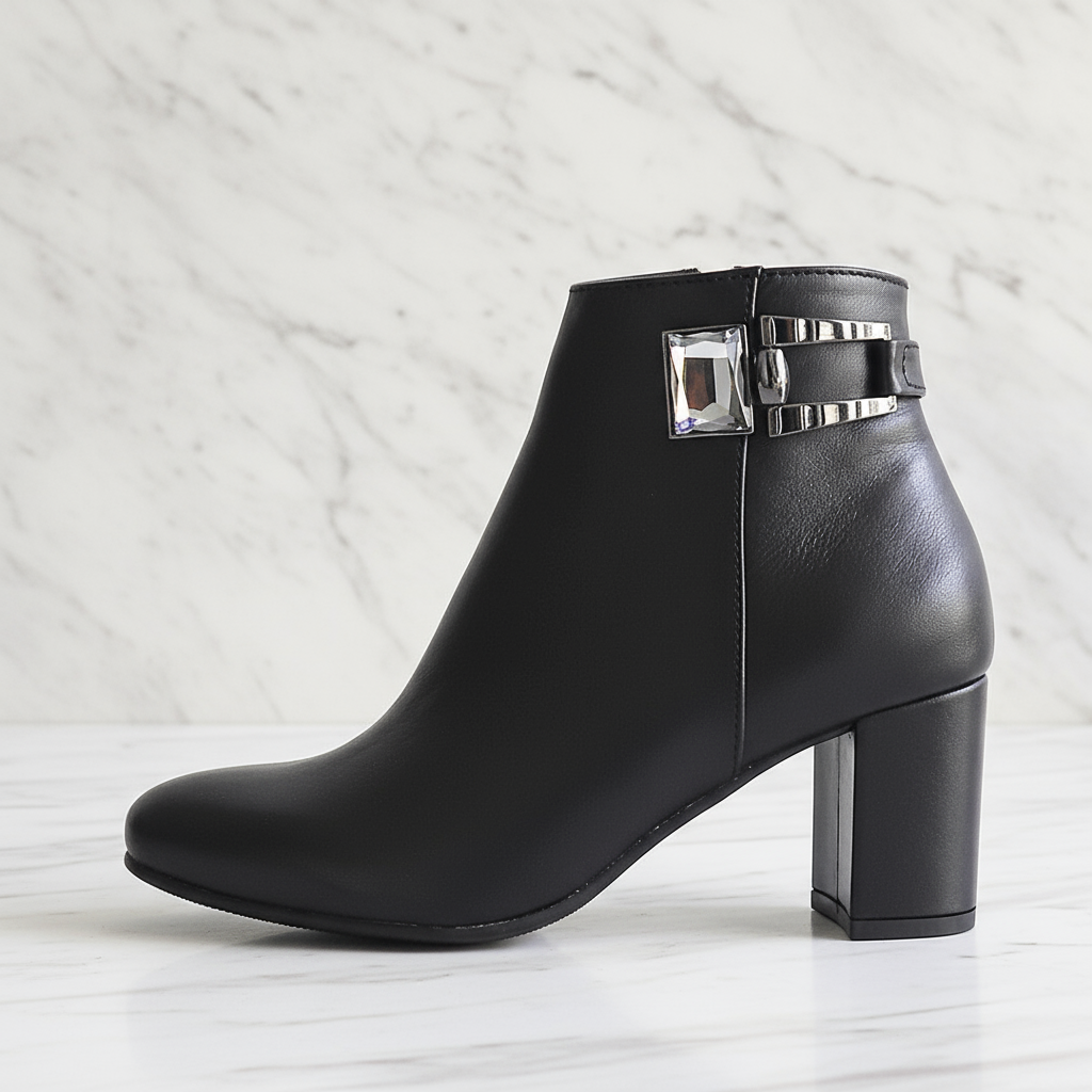 REMI black leather ankle boots with 5 cm block heel and side zip, designed for petite feet.