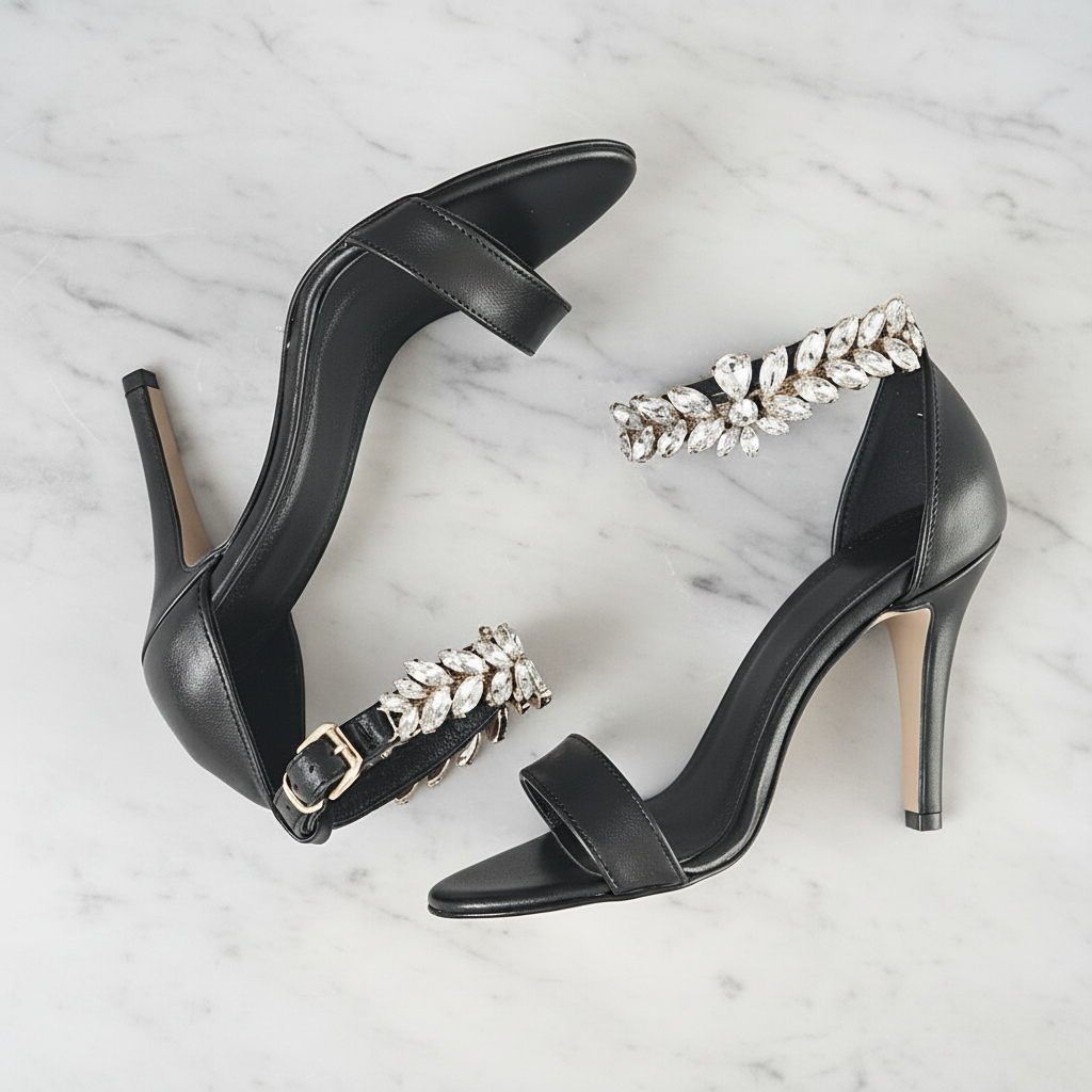 Black leather heels with diamanté ankle strap 