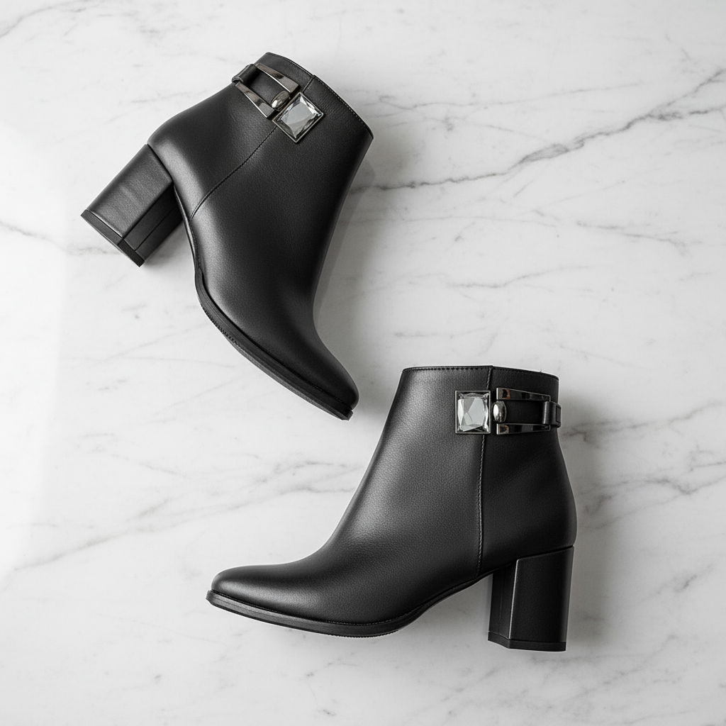 REMI black leather ankle boots with block heel and side buckle detailing. 
