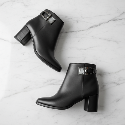 REMI black leather ankle boots with block heel and side buckle detailing. 