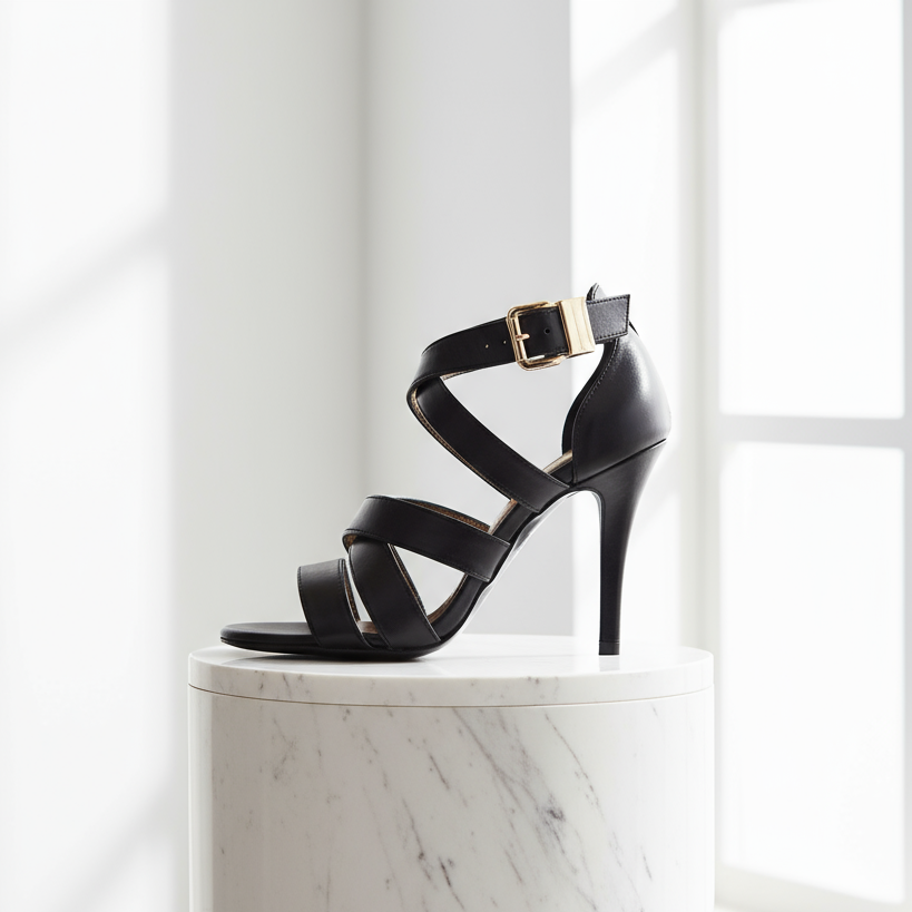 Black high-heeled sandal with a gold buckle on a white marble surface.