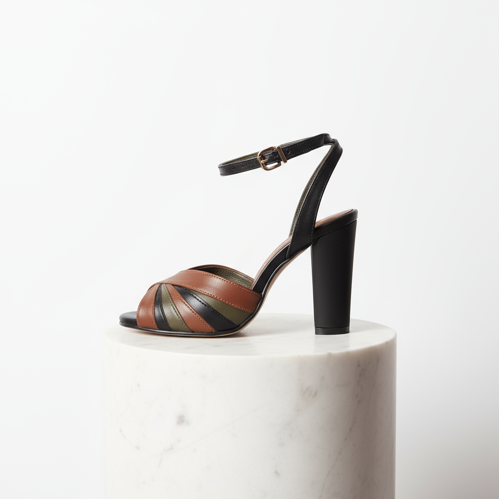 Strappy sandal with a black heel on a white marble pedestal