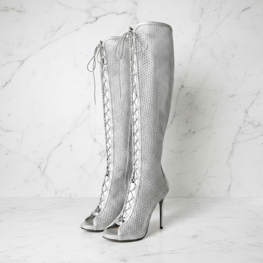 High heel over the knee boots in silver leather