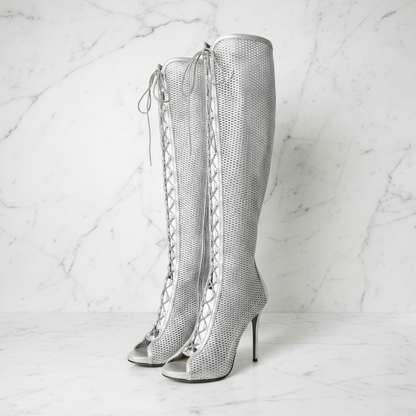High heel over the knee boots in silver leather