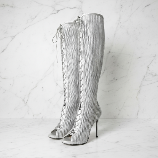High heel over the knee boots in silver leather