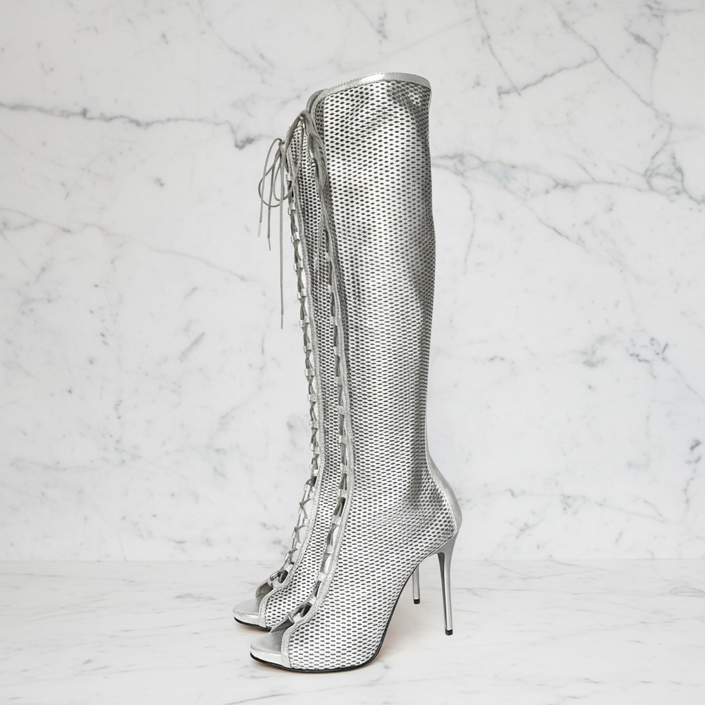 Close-up of ERIS lace-up front and peep toe in perforated silver leather.