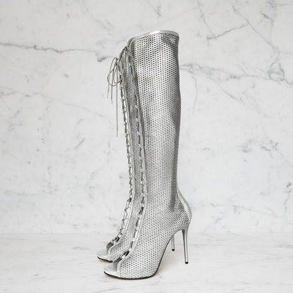 Close-up of ERIS lace-up front and peep toe in perforated silver leather.
