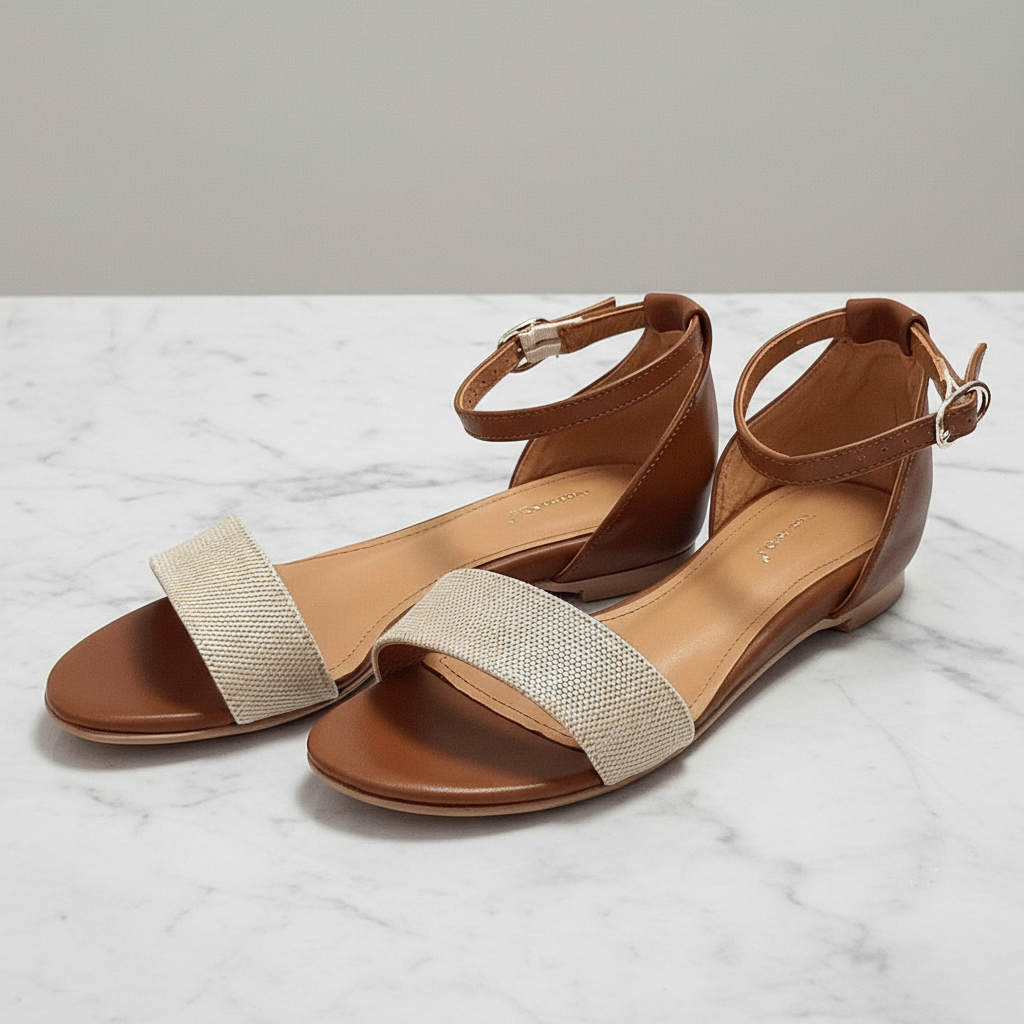 Pair of brown sandals with beige straps on a white background