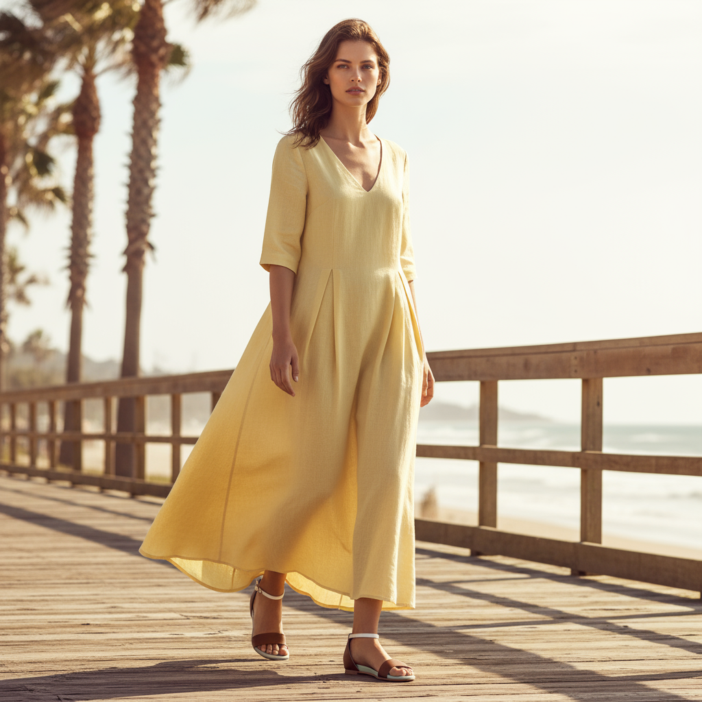 Woman in a yellow dress standing on a wooden boardwalk with palm trees in the background.