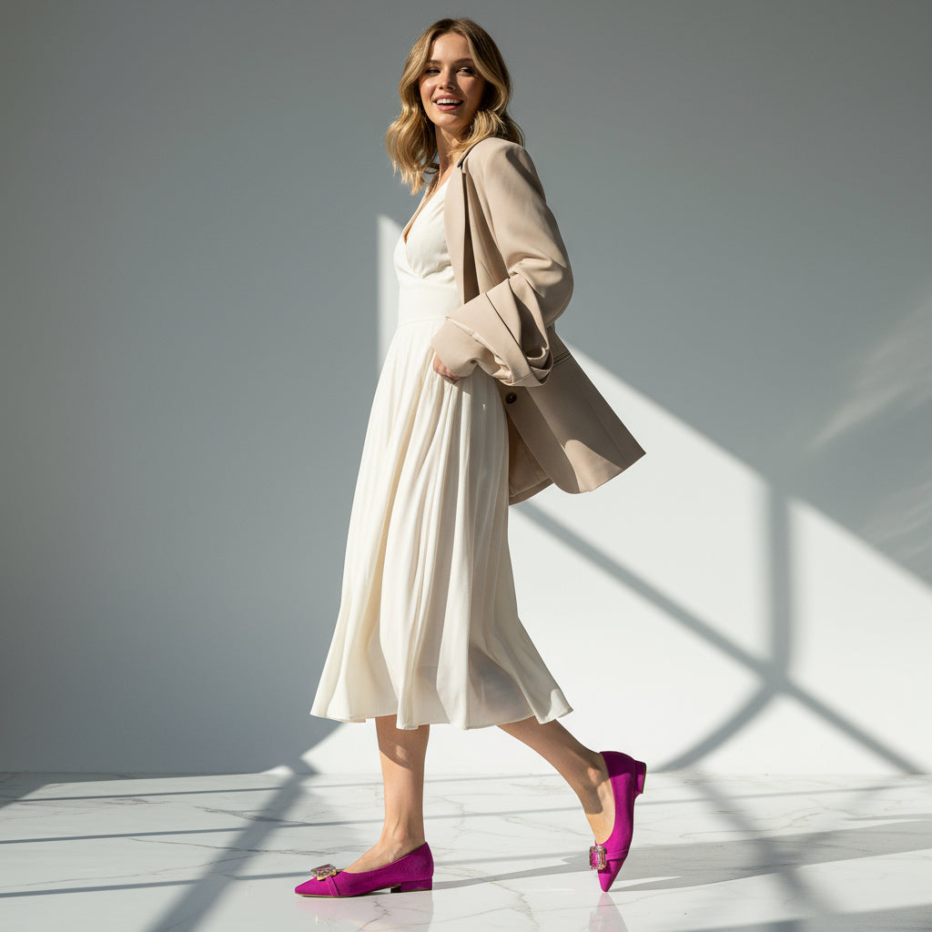 Woman in a white dress and beige coat with purple shoes standing in a well-lit room.