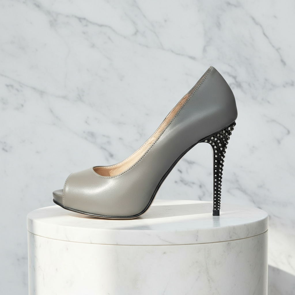 Gray high-heeled shoe with studded heel on a white pedestal against a marble background