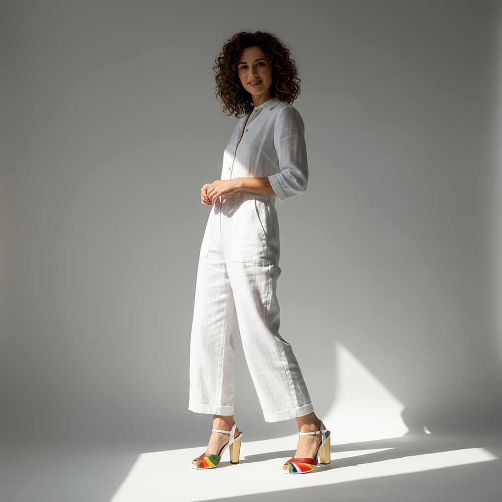 Woman wearing a white outfit with colorful shoes on a gray background