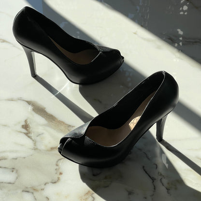 Black leather peep toe court shoes