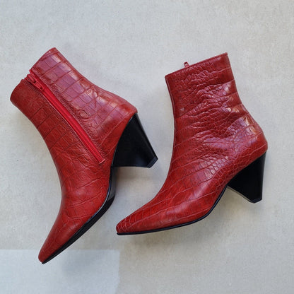 Pointed toe red leather ankle boots