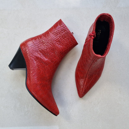 Pointed toe red leather ankle boots