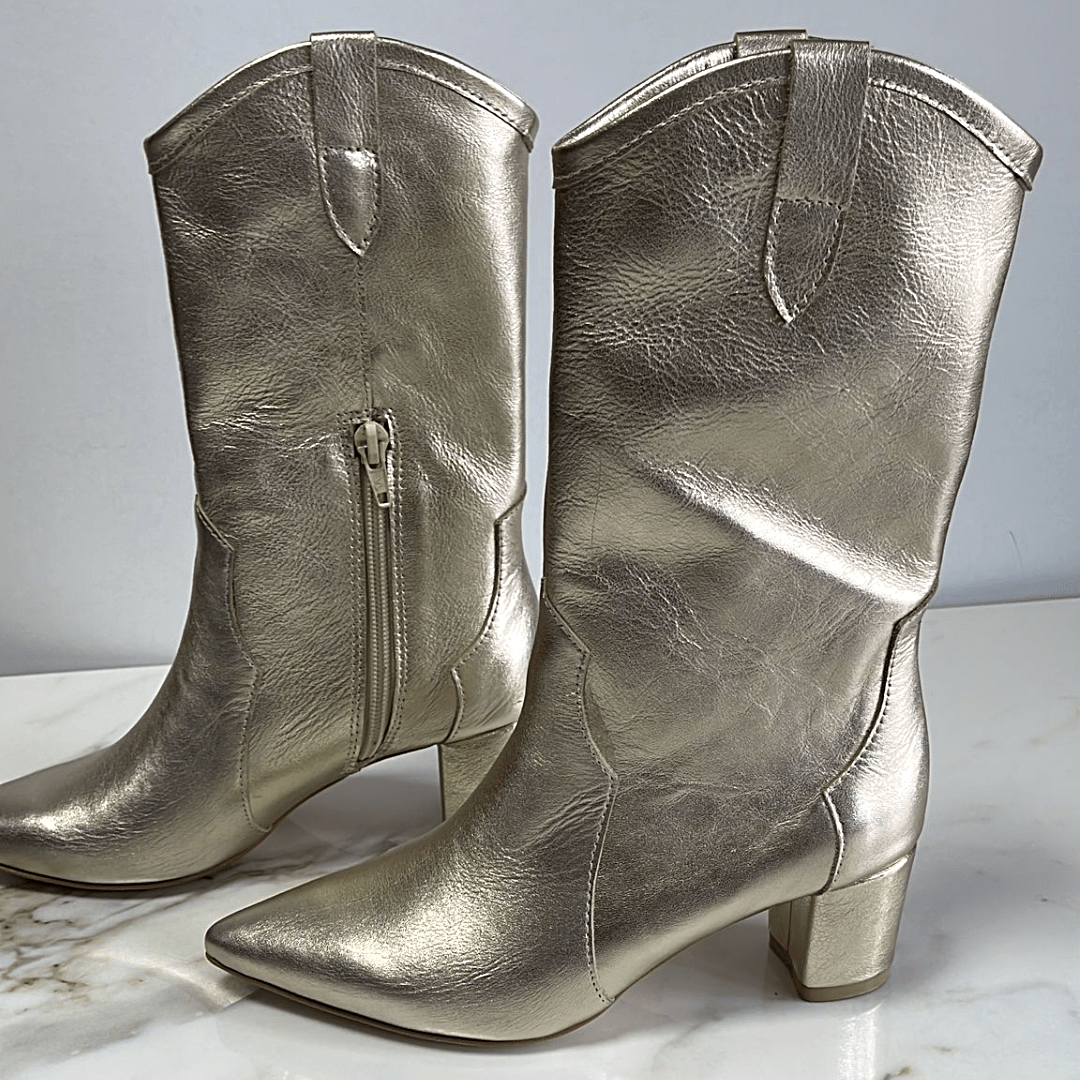 Gold leather pointed toe cowboy boots