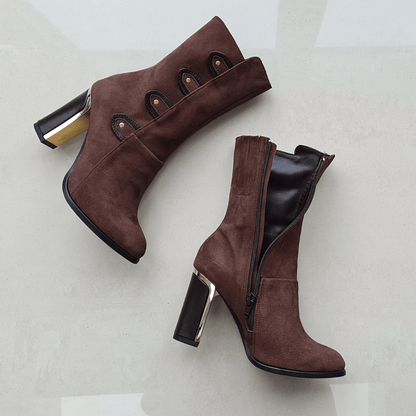 Brown suede leather calf high boots