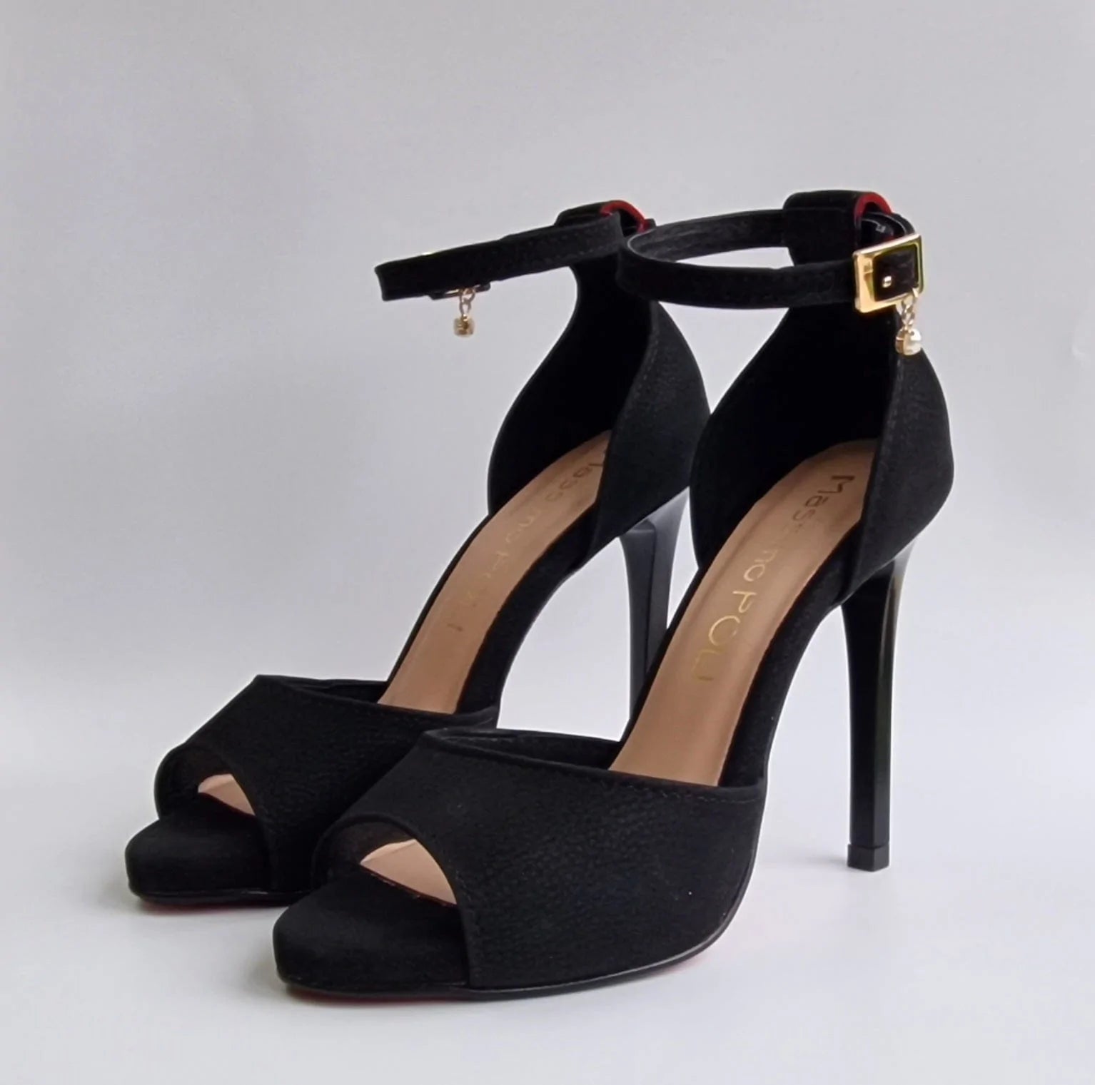 Open toe platform court heels in black suede