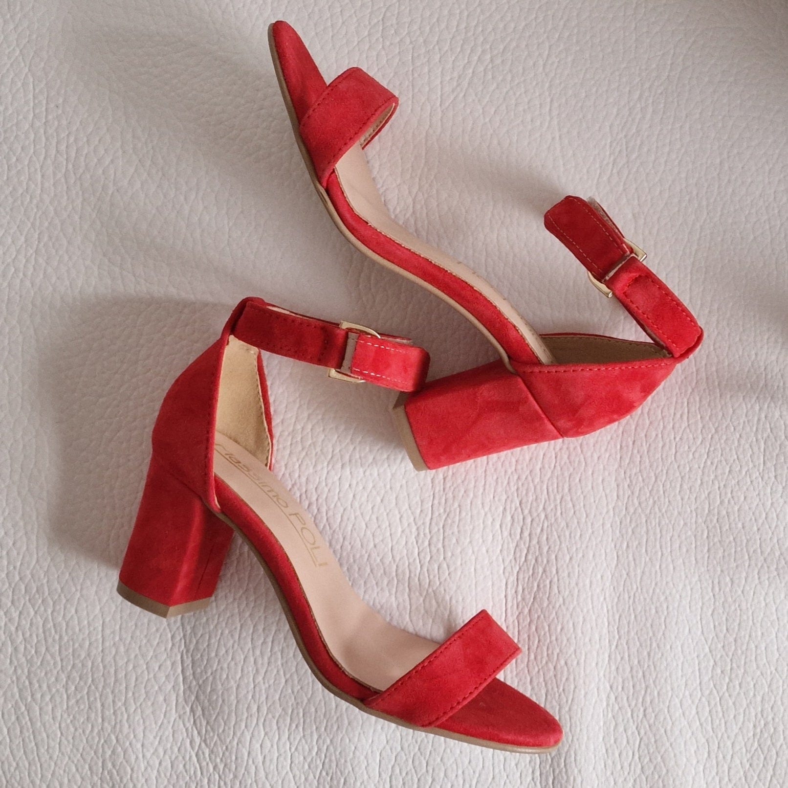 Red suede ankle strap sandals