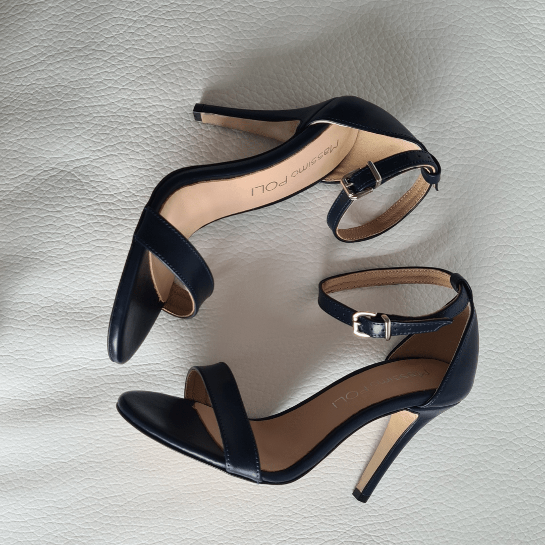 Ankle strap petite heels in navy leather