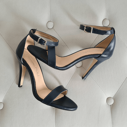 Ankle strap petite heels in navy leather