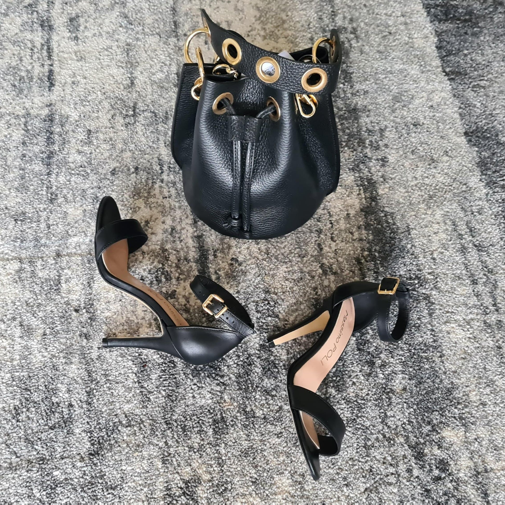 Black leather ankle strap court heels