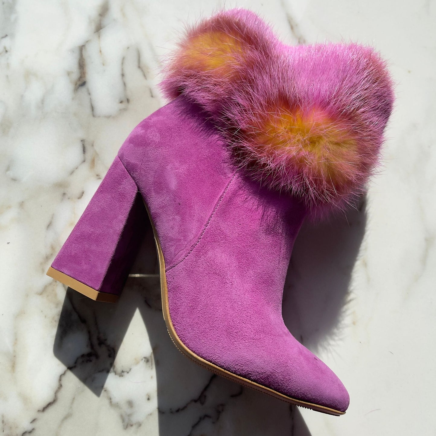 Pink suede block heel ankle boots with fur