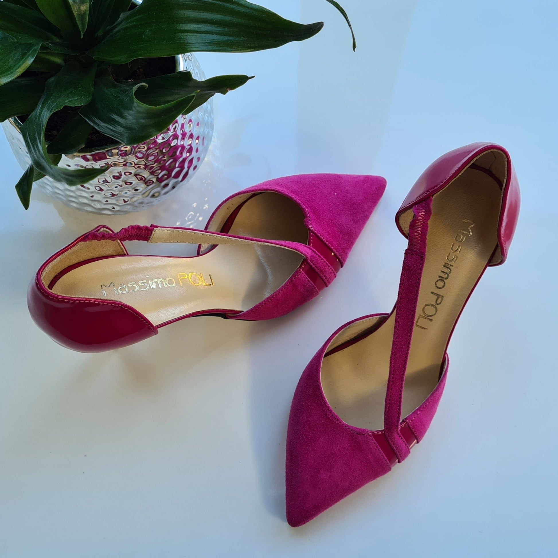 Pointed toe pink suede court heels